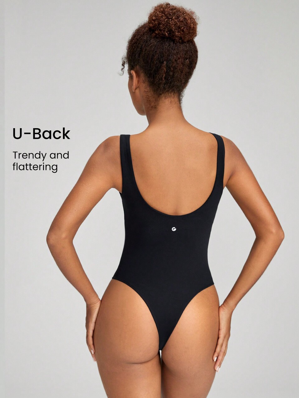 FeatherFit™ High-Cut U-Back Pleated Crotch Snap Closure Bodysuit Light Support Yoga Pilates Studio Gym Daily