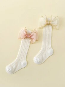 2 Cặp/gói Đôi Tất Giữa Bắp Chân Viền Vàng Viền Nơ 2 Lớp Cho Bé Gái, Thích Hợp Cho Mùa Xuân Và Mùa Hè - trắng - Xem 3