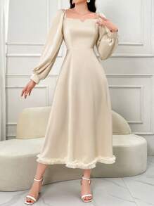 Modelyn Ladies Solid Color Simple Daily Long Sleeve Dress - Apricot - View 5