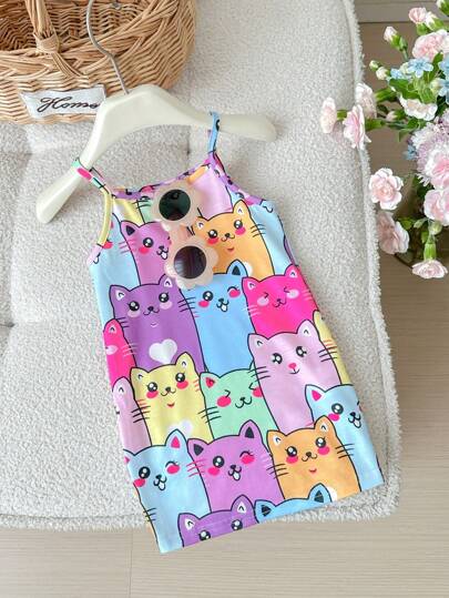 SHEIN Cute Casual Knitted Stretch Cartoon Pattern Spaghetti Strap Dress For Baby Girls