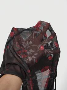 ROMWE 女士不对称下摆玫瑰图案吊带背心 - 黑色 - 查看 5