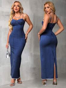 SHEIN SXY Women's Sleeveless Denim Dress With Slit, Summer, Slim Fit - Dark Wash - View 1