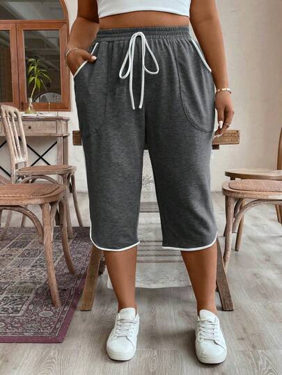 Breezaya Plus Size Women's Solid Color Simple Daily Shorts With Hem Border Graduation,Back To School Outfits,Graduation,Teacher Outfits For Women,Back To School