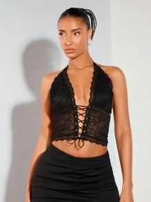 SHEIN BAE Black Sexy Lace Corset Top&Black Sexy Lace Corset Top&Crop Top&Country Concert Outfit&Rave Festival Outfits&Summer Outfits