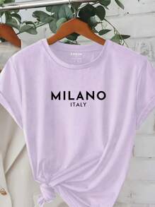 INAWLY 女士夏季短袖字母印花圓領休閒T恤 - 紫色 - 查看 1