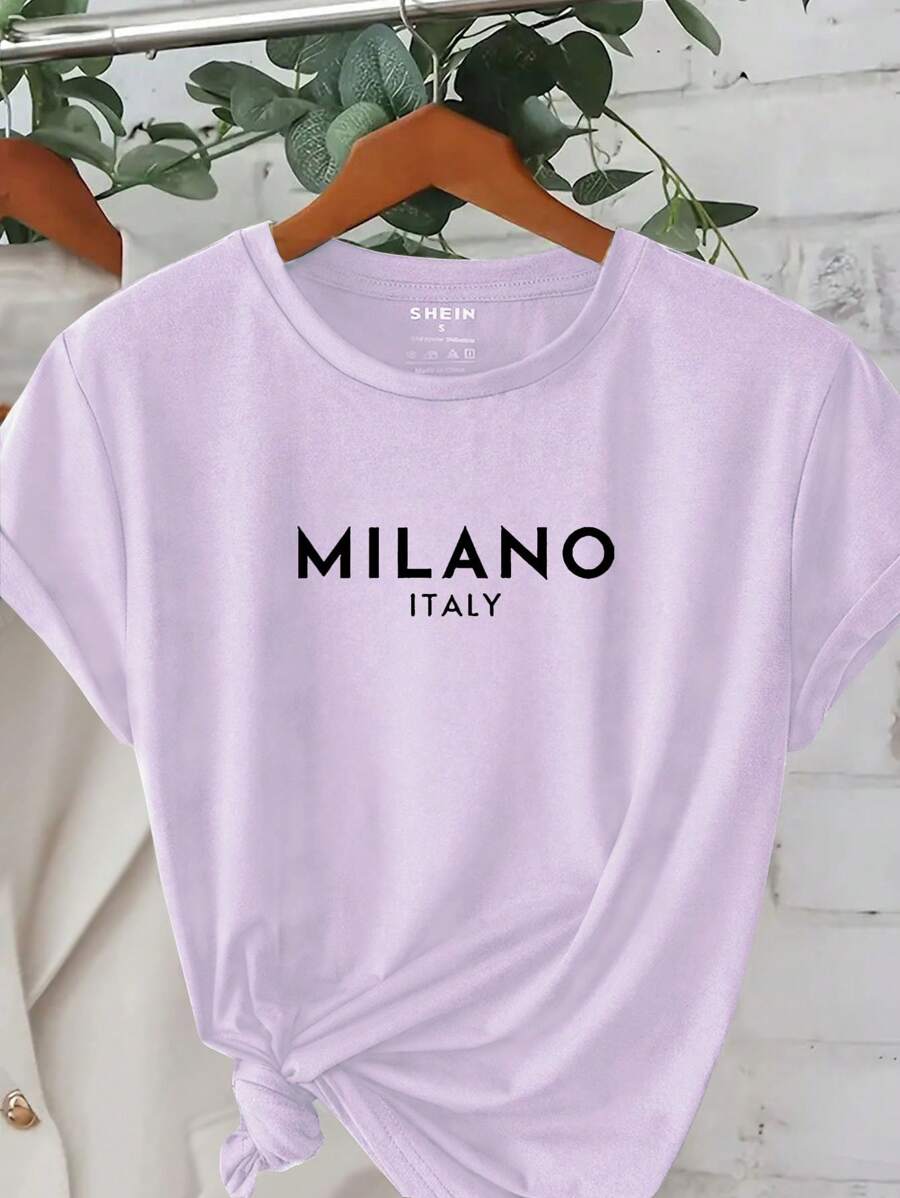 INAWLY 女士夏季短袖字母印花圓領休閒T恤 - 紫色 - 查看 1