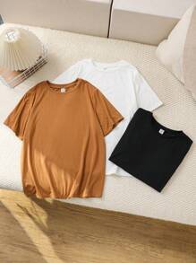 SHEIN Tween Boys Extended Size Casual All-Match Round Neck Short Sleeve Knit T-Shirt, Multi-Pack(3pcs), 3 Colors(1pc Each)