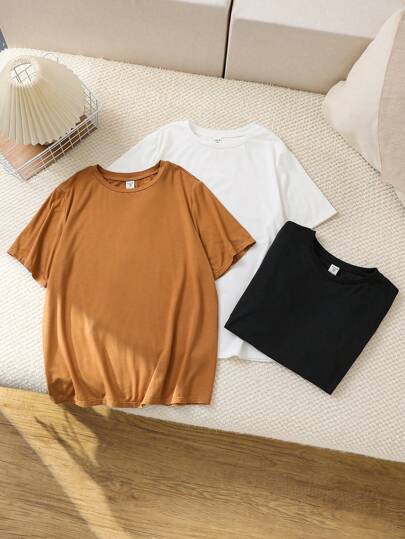 SHEIN Tween Boys Extended Size Casual All-Match Round Neck Short Sleeve Knit T-Shirt, Multi-Pack(3pcs), 3 Colors(1pc Each)