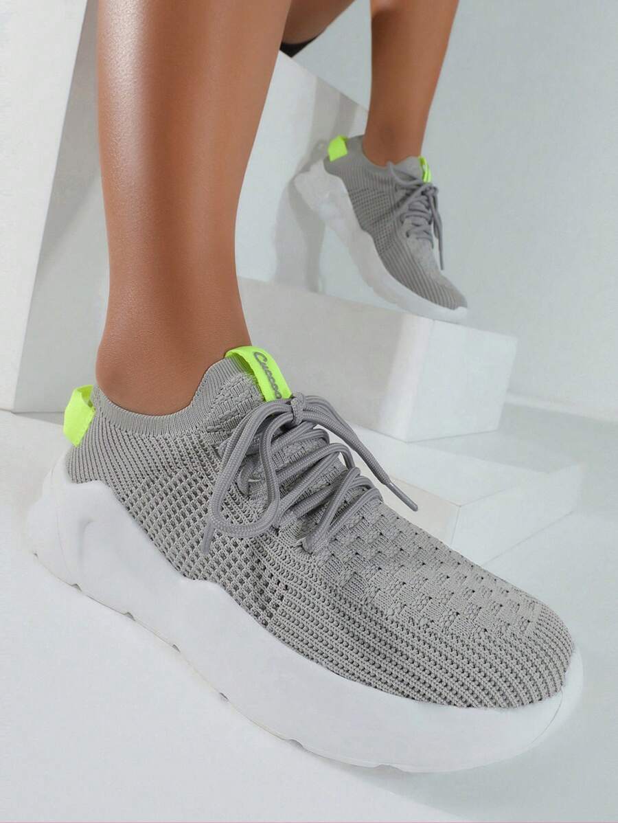 Lace-up Front Knit Wide Fit Running Shoes - Grey - View 1