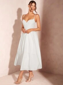 SHEIN BAE 女式白色 A 字型中长连衣裙，配有紧身胸衣肩带，优雅适合毕业典礼、婚礼和派对 - 白色 - 查看 4