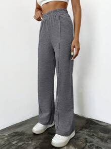 SHEIN Cottnline 女士實色彈性腰運動長褲 - 深灰色 - 查看 4