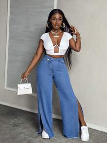 SHEIN Slayr Quần jean ống rộng xẻ tà lưng cao bất đối xứng dành cho nữ - Rửa trung bình - Xem 6