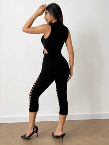 SHEIN Unity Women's Solid Color Halter Neck Hollow Out Top And Capri Pants Sexy Set, Summer - Black - View 2