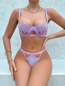 女士蕾絲拼接性感內衣套裝（含2件，有胸墊）