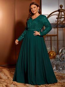 Robe longue en mousseline de soie avec dentelle et sequins, grande taille. Robe de soirée élégante. - Vert sapin - Voir 3