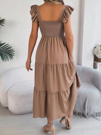 New Solid Color Squared Collar Casual Backless Ruffle Hem Sleeveless Midi Dress, Khaki, Spring/Summer