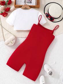 SHEIN Explorewe 少女印花T卹和緊身連體褲休閒2件套裝 - 白色 - 查看 2