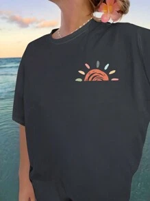 大码女式夏季宽松圆领 T 恤，带口号印花和落肩 FOREVER CHASING SUNSETS 图案 T 恤女式上衣 - 深灰色 - 查看 2