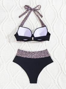SHEIN Swim Conjunto de bikini sexy con cuello halter y estampado de leopardo para mujeres, ideal para vacaciones