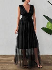 EURMUSE Mesh Gathering Style Top With Dye To Match Plastic Buttons, Maxi Dress With Lining - Black - View 4