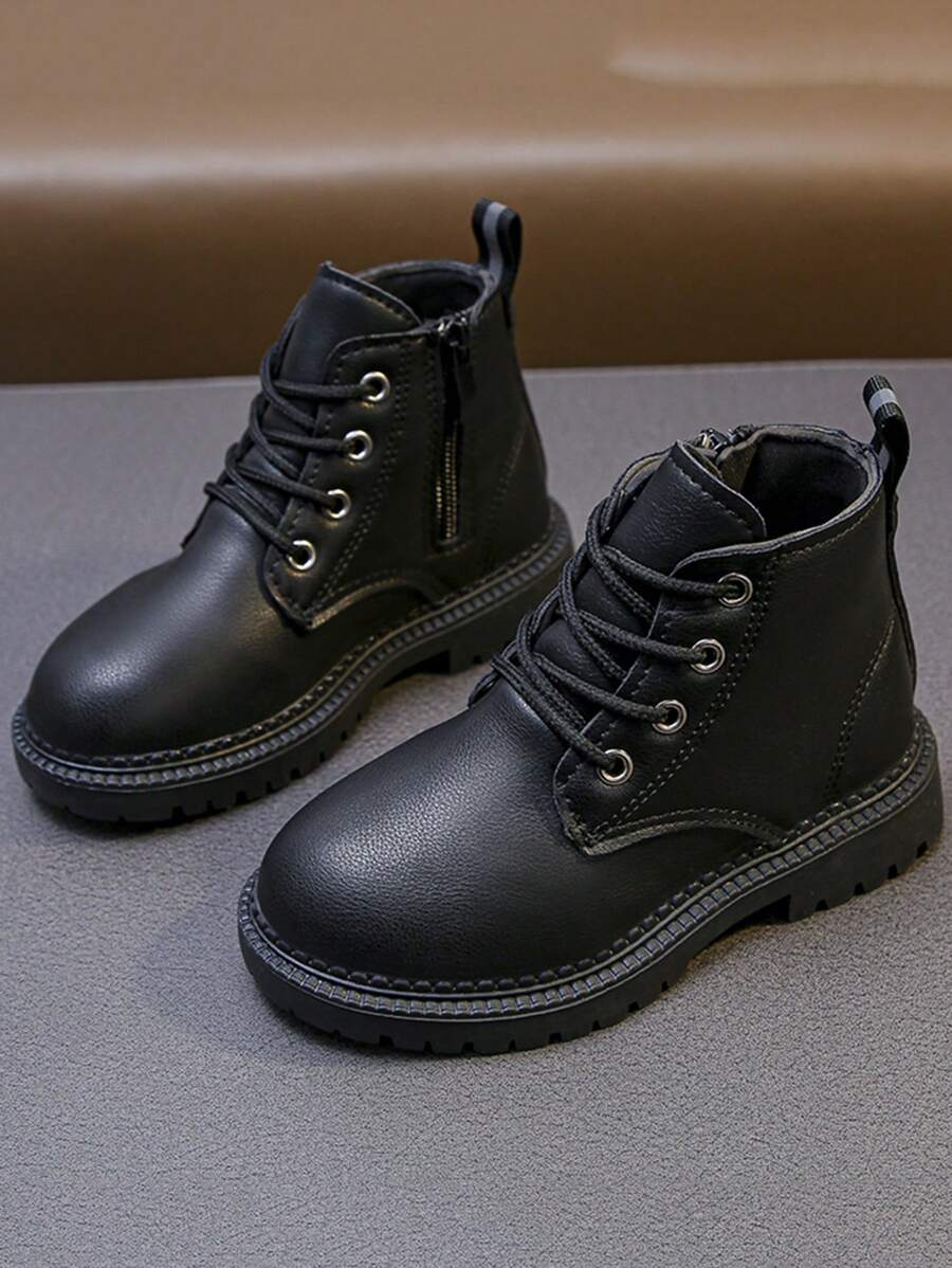 Kids' Boots, Comfortable And Lightweight Side Zipper, Flat Fashion Lace-Up Boys' And Infants' Shoes