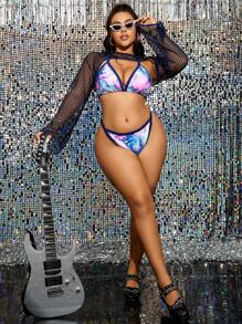 Swim EVENT Plus Size Print Halter Neck Tie Back Tankini Set With Long Sleeve Cropped Sheer Top And Triangle Briefs For Casual Beachwear,Summer Beach - Multicolor - View 5