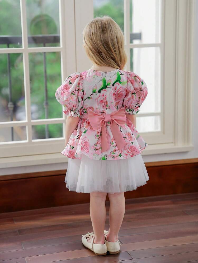 Young Girl Woven Floral Round Neck Puff Sleeve Top And Woven Mesh Skirt Set