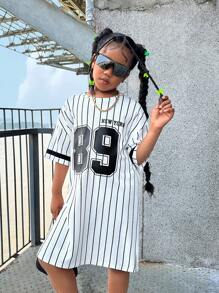 SHEIN Vestido de punto de estilo callejero fresco para niña preadolescente con mangas cortas y cuello redondo con rayas y ajuste flojo, primavera/verano