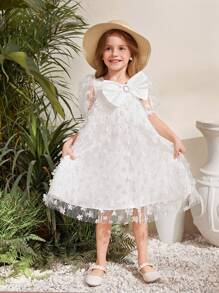SHEIN Chiếc váy midi tay phồng có nơ ngọt ngào cho cô gái trẻ với đường viền cổ vuông cho kỳ nghỉ - trắng - Xem 6