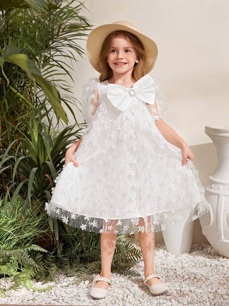 Young Girl Sweet Bowknot Puff Sleeve Midi Dress With Square Neckline For Vacation