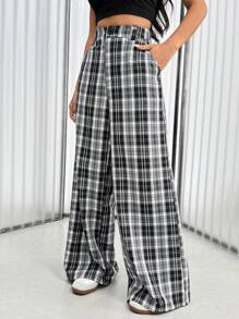 Flirla Women's Plaid Loose Wide Leg Pants
