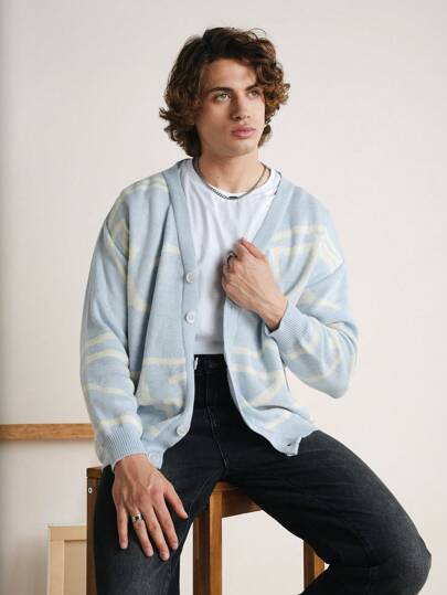 SHEIN Cottnline Men Graphic Pattern Button Front Cardigan Sweater