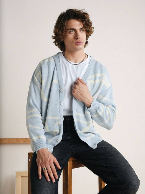 SHEIN Cottnline Men Graphic Pattern Button Front Cardigan Sweater