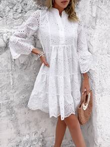 Breezaya 女士刺繡襯衫連衣裙,搭配飄逸袖子和空心設計 - 白色 - 查看 5
