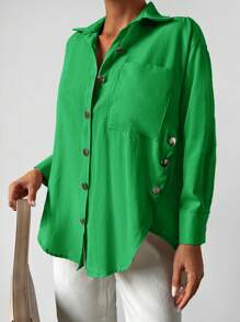 RueChic Solid Button Front Pocket Patched Shirt - Green - View 3