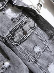 Manfinity EMRG Men Ripped Flap Pocket Denim Jacket Without Hoodie, Plain Grey Party Grunge Rapper Denim Jacket