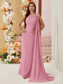Aureia 不对称领口雪纺伴娘礼服，带垂坠侧边，（成人）女士正式舞会礼服优雅舞会晚会婚礼宾客礼服，适合毕业典礼、晚宴派对礼服 - 藕粉色 - 查看 7