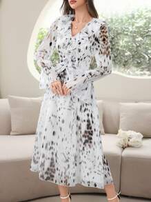 Modelyn 女式 V 领褶饰蕾丝腰带印花优雅长袖连衣裙，夏季 - 彩色 - 查看 3