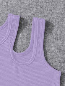 SHEIN Camiseta sin mangas acanalada de cuello asimétrico de unicolor para niña preadolescente, ideal para verano casual - Multicolor - Ver 5