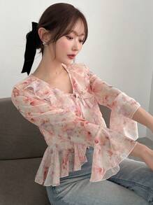 FRIFUL Women's Printed Ribbon Tie Peplum Hem Bell Sleeve Casual Shirt,Ruffle Vacation Outfits Women Floral - Baby Pink - View 1