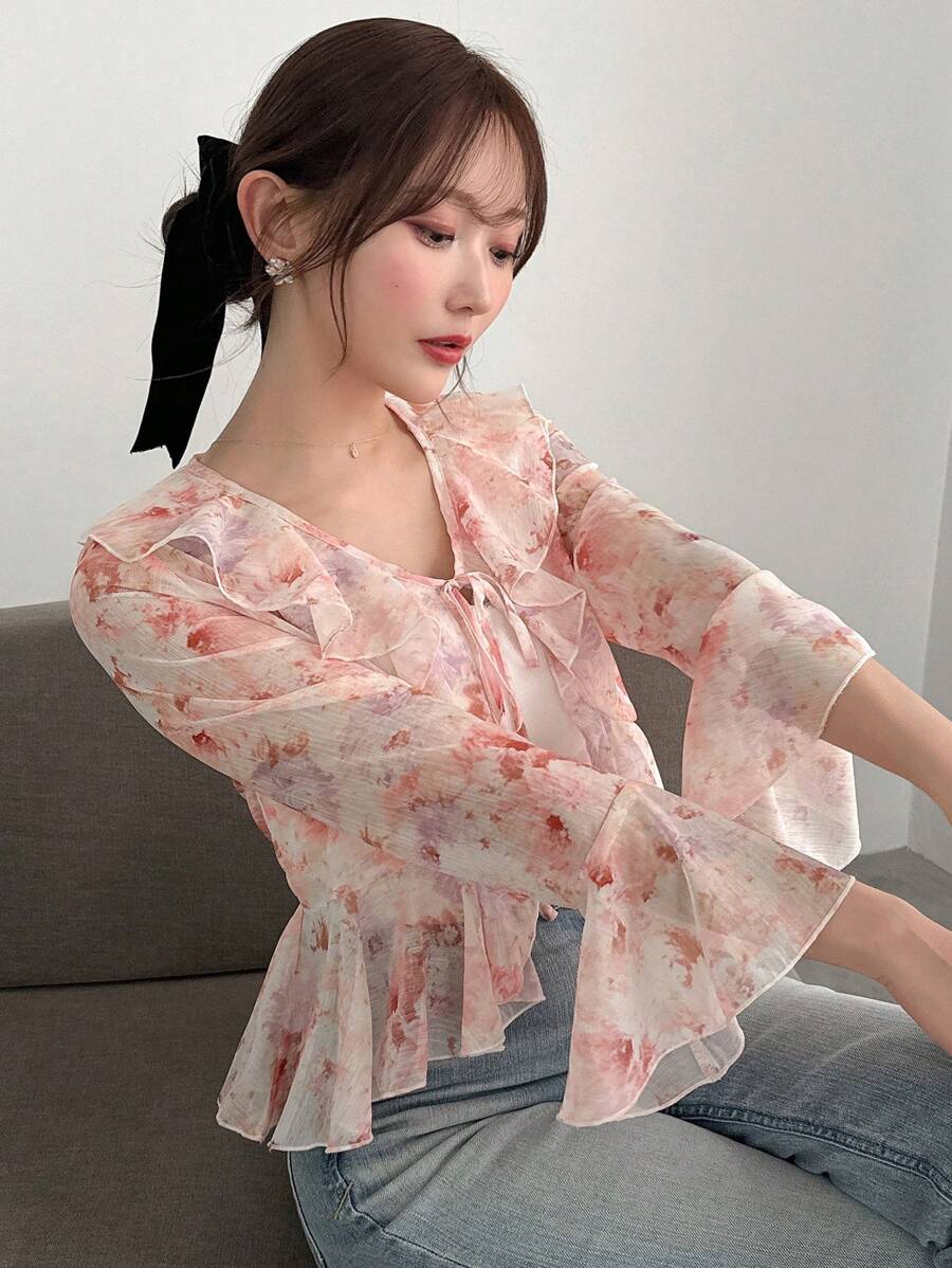 FRIFUL Women's Printed Ribbon Tie Peplum Hem Bell Sleeve Casual Shirt,Ruffle Vacation Outfits Women Floral - Baby Pink - View 1