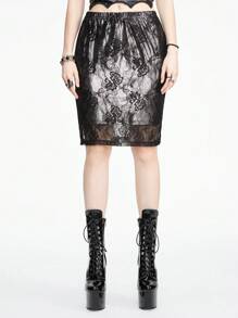 ROMWE Gothic Lace Floral & Metallic Skirt For Women With Reflective Interior Fabric - Green - View 5
