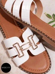 SHUZIA 女士宽版露趾白色一脚蹬凉鞋，金色装饰时尚平底凉鞋 - 白色 - 查看 5