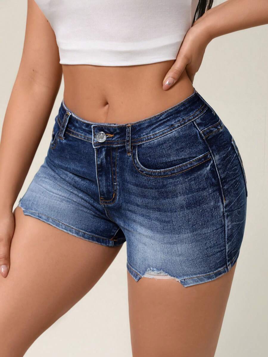 女士簡約日常破洞牛仔短褲，適用於春夏 - 深色水洗藍 - 查看 1