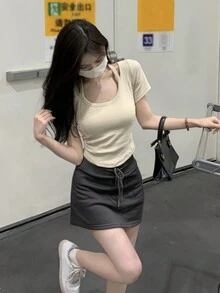 春夏韩版简约性感芭蕾风修身挂脖人字形设计短袖T恤女上衣 - 卡其色 - 查看 7