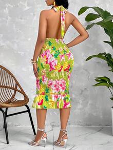 Women'S Sexy Floral Print Backless Halter Ruched Bodycon Dress (Random Print) - Green - View 2