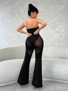 SHEIN SXY 黑色连衣裙宽松裤夏季女式透明网纱拼接连体喇叭裤 - 黑色 - 查看 2