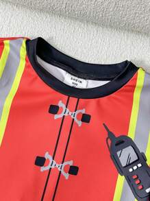 SHEIN 2 Piezas/set Camiseta De Manga Corta Con Patrón De Bombero Y Pantalones Cómodos Y Casuales Para Niños, Conjunto De Ropa De Hogar Ajustado Para Primavera Y Verano - Rojo - Ver 5