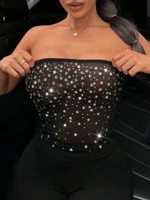 SHEIN SXY Grace Rhinestones Holiday Party Women's Music Festival Fashion Rhinestone Decorated Strapless Top