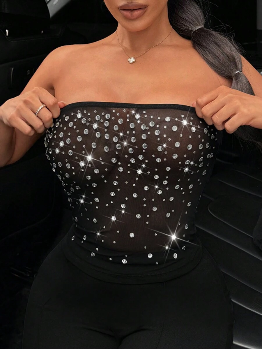 SHEIN SXY 大码女式休闲水钻装饰抹胸上衣 - 黑色 - 查看 1